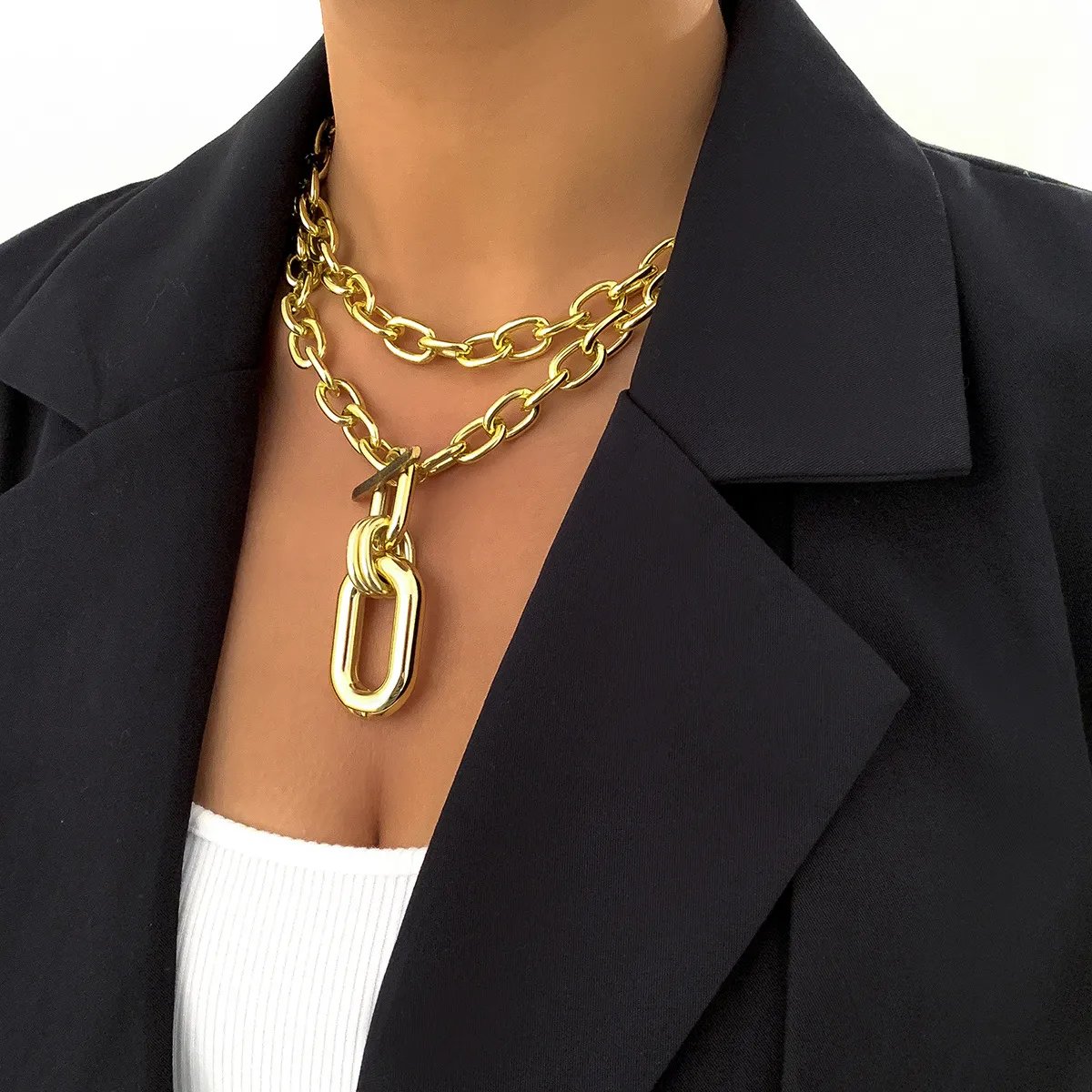 Multi-layered Pendant Necklace Gold Tone Geometric Hip Hop Style_voghion.com