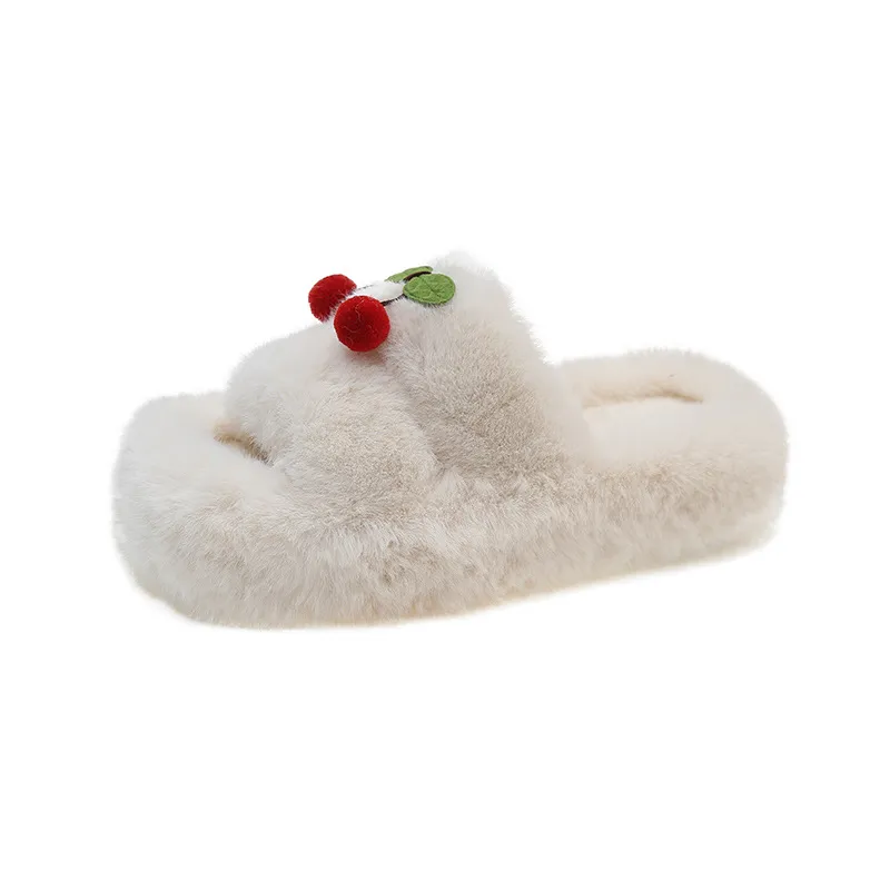 Papuci drăguți de designer cu imprimeu de cireșe pentru femei, fete, doamne, toamnă și iarnă, calde, cu blană, pufoase, de pluș, pentru femei_voghion.com