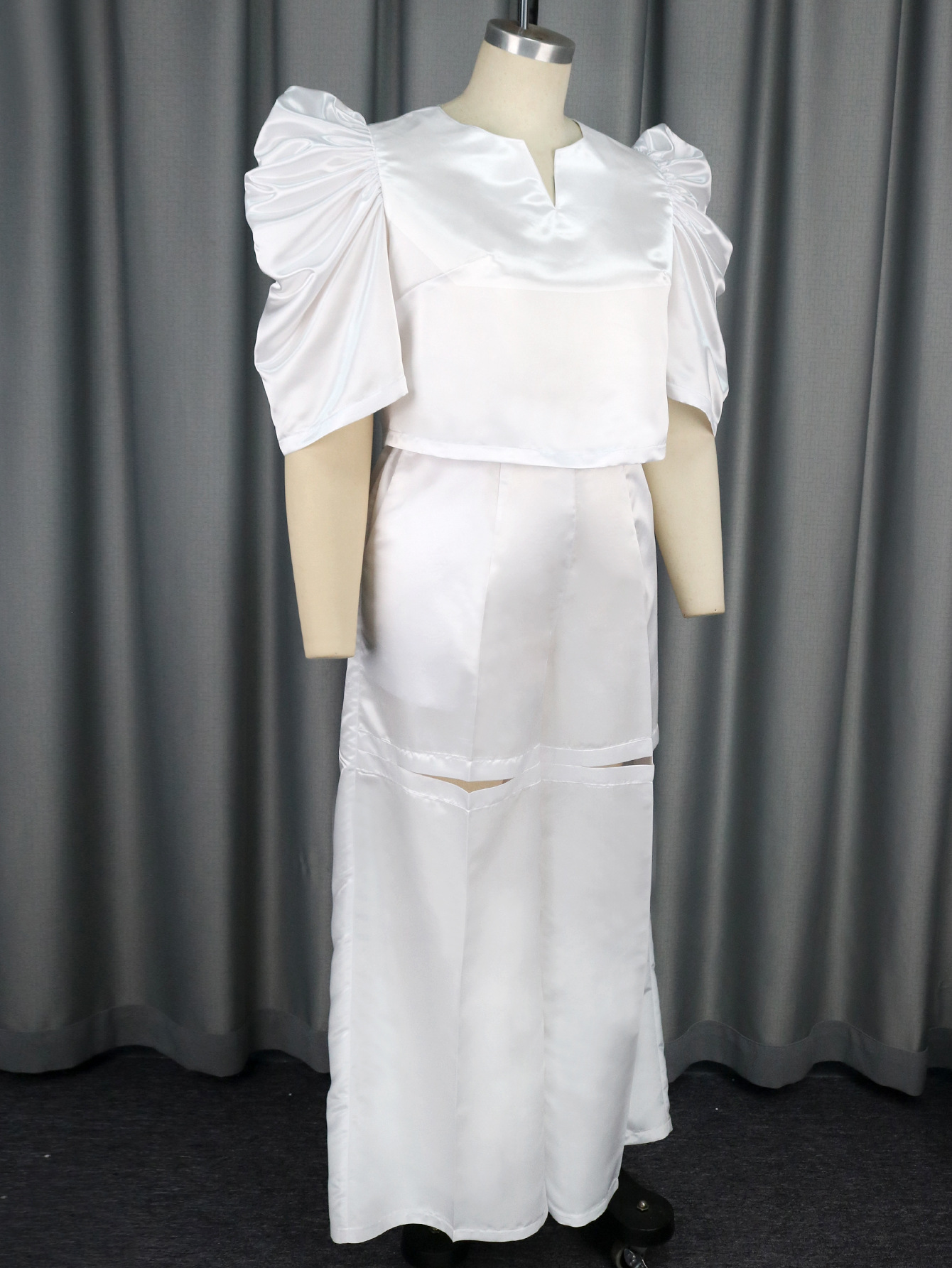 Women's solid color half-open collar top high waist wide leg pants suit large size female two-piece set_voghion.com