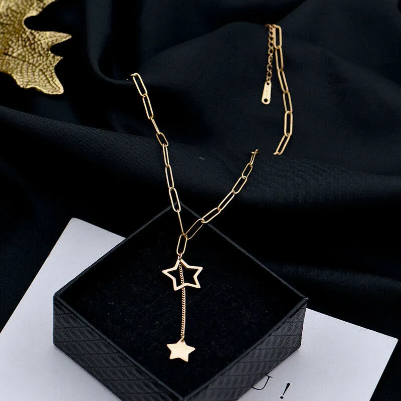 Catene 2023 Delicata Donna 14K Placcato Oro Acciaio Inossidabile Graffetta Catena Collana Stella Ciondolo Choker Nappa Collane_voghion.com