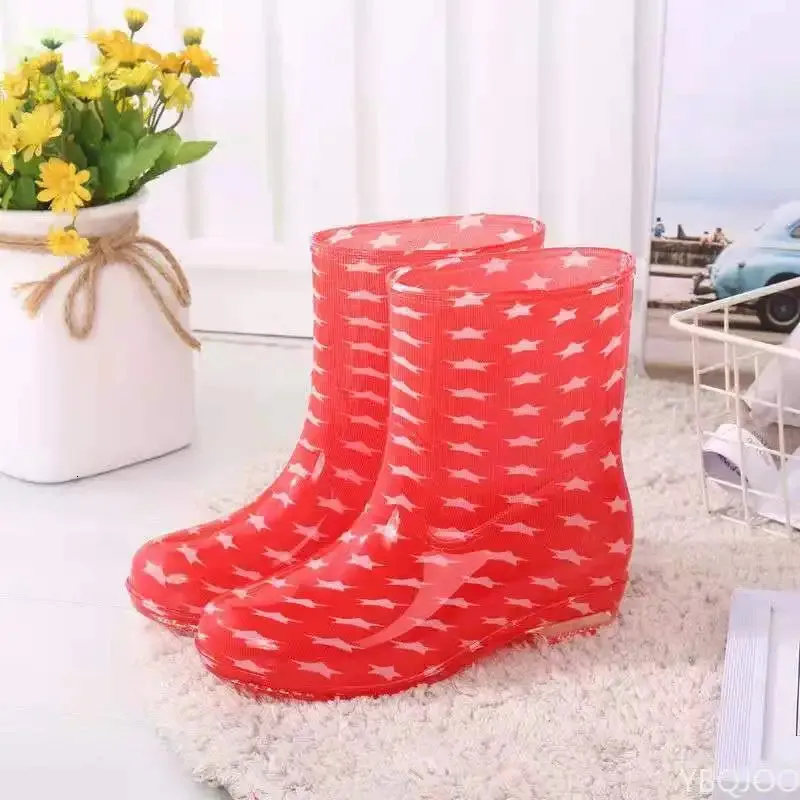 Printed for women work anti and non slip PVC waterproof shoes mid calf rain boots 241031_voghion.com