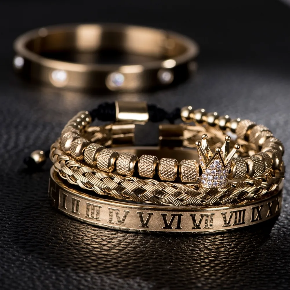 3 stk/sett Micro Pave CZ Crown Roman Royal Charm Men Armbånd Rustfritt stål Krystaller Armbånd Par Håndlagde smykker_voghion.com