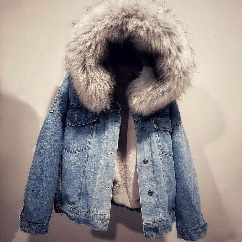 Vêtements pour femmes, hauts en jean à col en fourrure épaisse, vestes courtes amples en coton pelucheux pour femmes_voghion.com