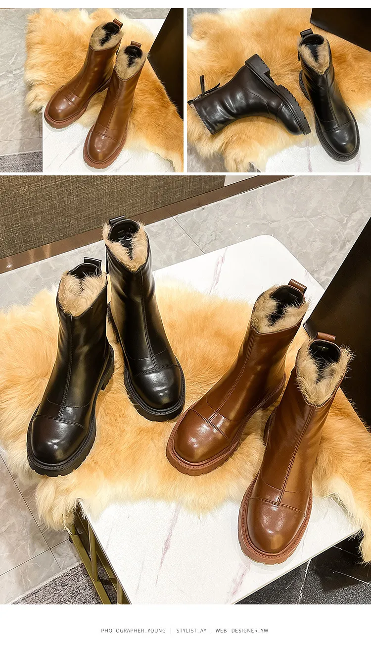 Kurze, knielange Ritterstiefel aus Plüsch mit runder Sohle und dickem Absatz in Volltonfarbe und schmaler Passform mit hohem Schaft für Damen_voghion.com