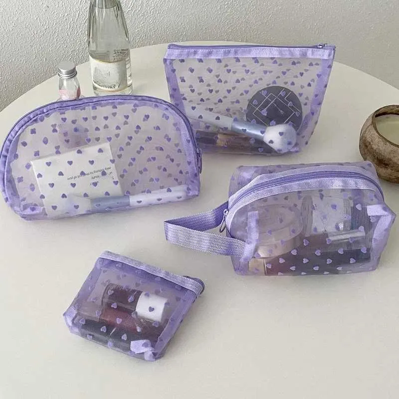 Organizator de machiaj portabil, transparent, din plasă imprimată în formă de inimă violetă, pentru călătorie, pentru depozitarea toaletei, geantă de hârtie, portofel Y241023_voghion.com