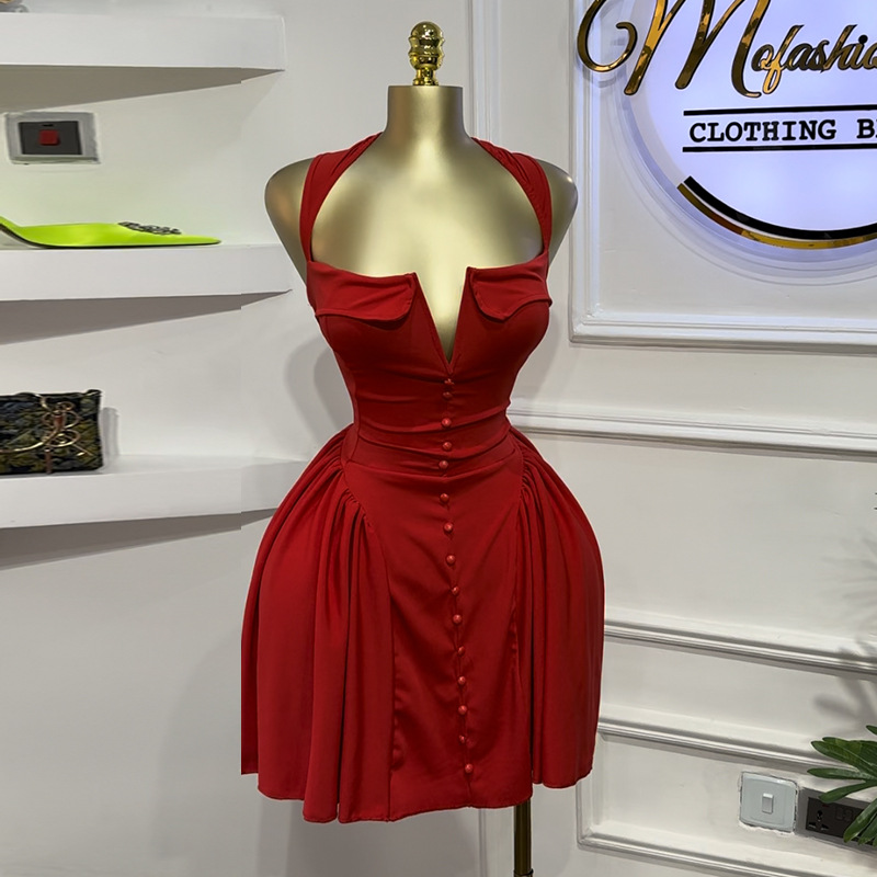 Women's Clothing autumn new style sweet and fresh square collar button down decoration high waist hip skirt short skirt