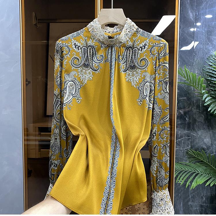 Camisa de seda con sensación de gama alta para mujer, camisa de estilo occidental Noble con estampado hueco bordado, temperamento