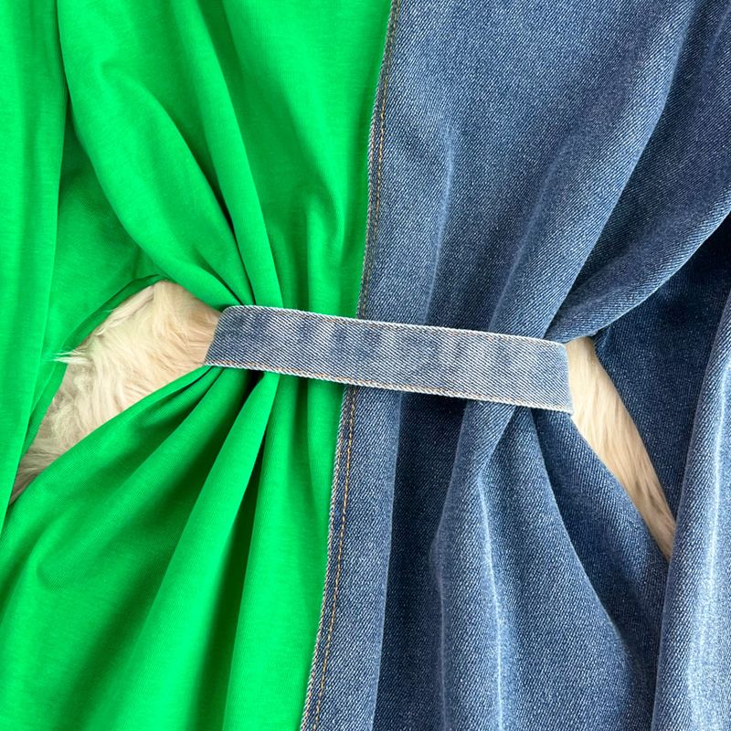 Damenbekleidung Temperament Taille mit Gürtel farblich passendes Denim lässiges mittellanges T-Shirt-Kleid_voghion.com