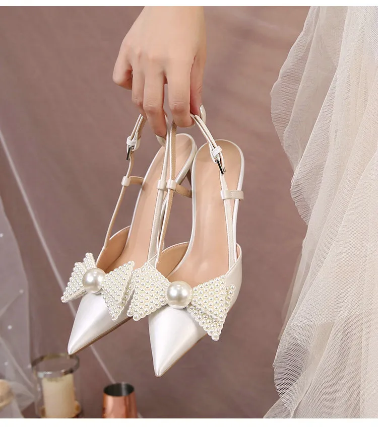 Hochzeit Französisch Frauen 2024 Neue Weiße Brautjungfer Schuhe Bogen High Heels Eleganz Sandalen E336_voghion.com