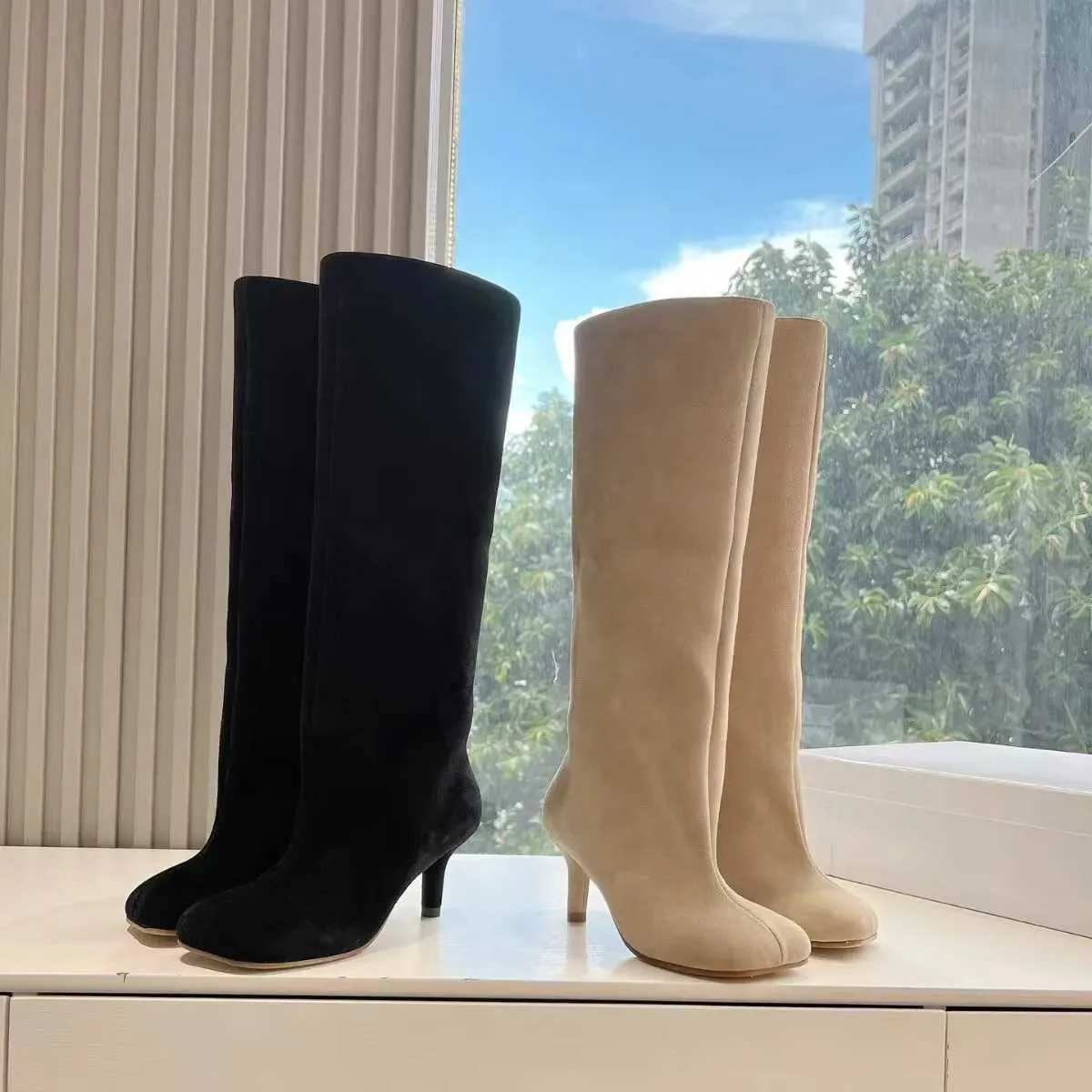 Womens Nude Suede Knee High Square Toe Wide Calnd Foot Pull On Stiletto Heels Fashion Dress Tall Riding Boots Ladies_voghion.com