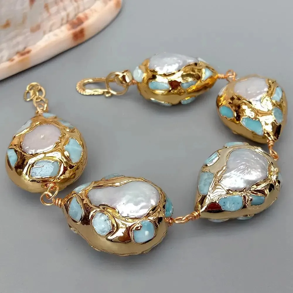 Pulsera de perlas y larimar chapada en oro para mujer_voghion.com