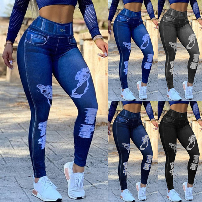 Women's high waist high stretch imitation denim leggings large size fitness sports yoga pants