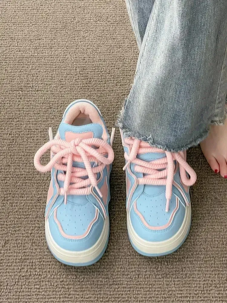 Pink Blue Platform Sneakers Women Kawaii Sports Shoes Casual Tennis Female Flats Vintage Chunky Footwear Korean Cute_voghion.com