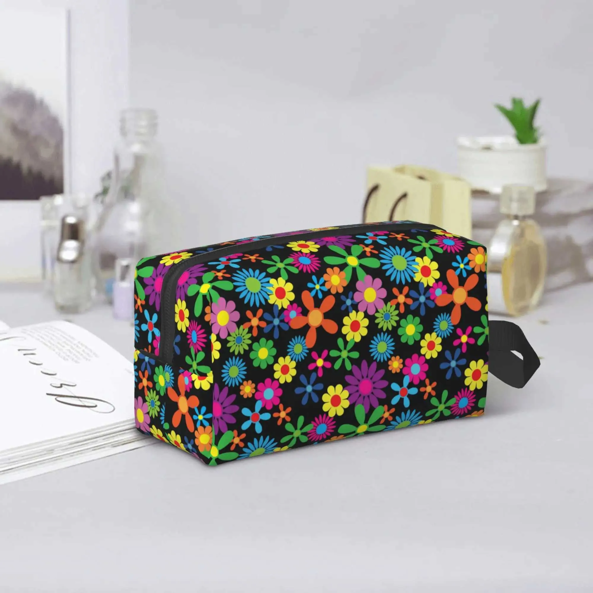 Trousse de maquillage de voyage étanche de grande capacité avec poignée pour femmes Hippie Wer Y241023_voghion.com