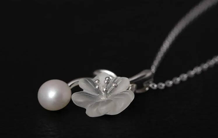 Anheng Halskjeder Ekte Sterling Sier Håndlagde Designer Fine Smykker Hvit Naturlig Perle Delikat Plommeblomst Blomst_voghion.com