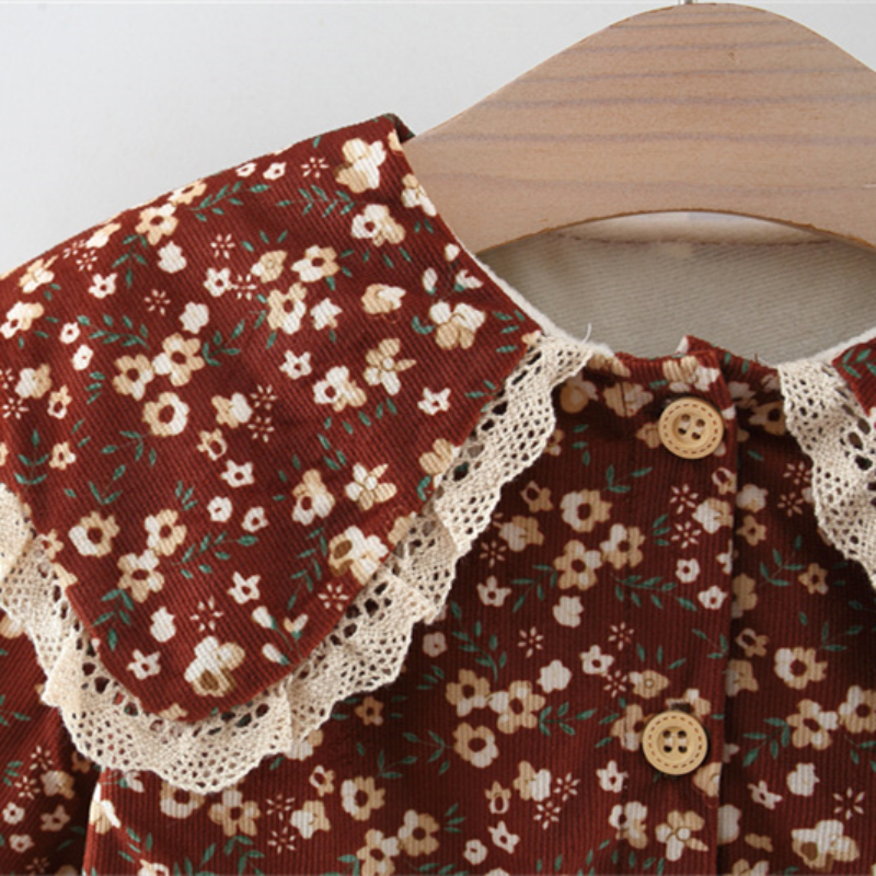 Abito floreale autunnale con maniche lunghe per bambina in pizzo stile coreano_voghion.com