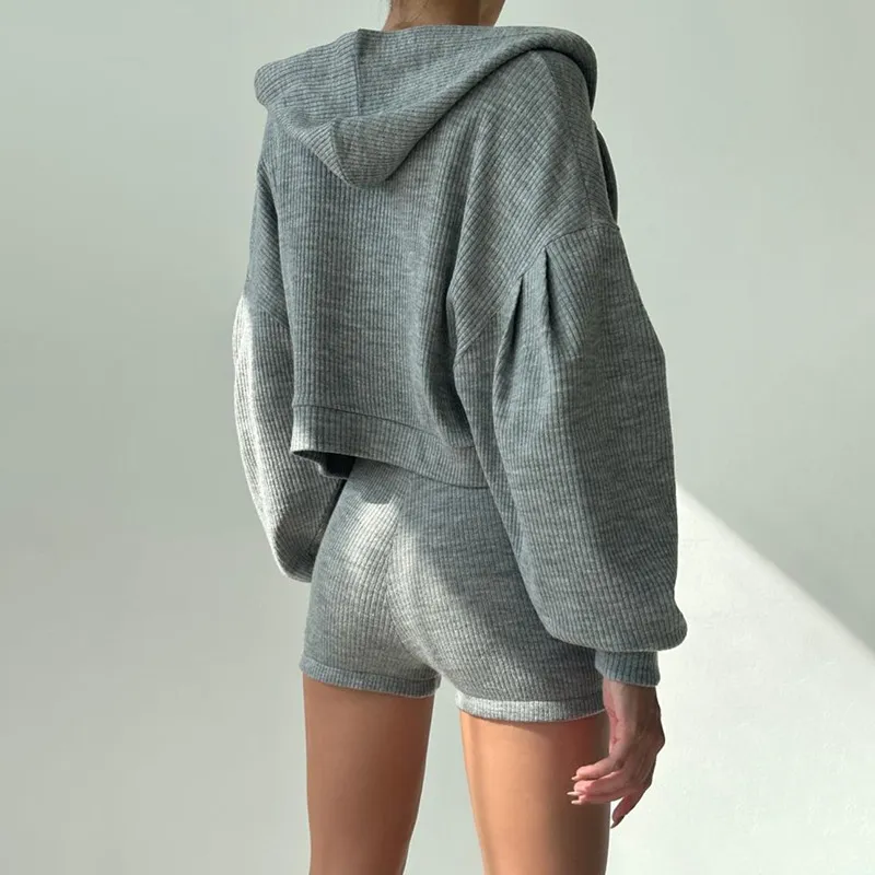 ALL121 Yoga Topp Sweatshorts Hettegenser Tre stk sett Dame Sport Dress Strikket Glidelås Hette Cardigan Sweatshirt Vneck_voghion.com