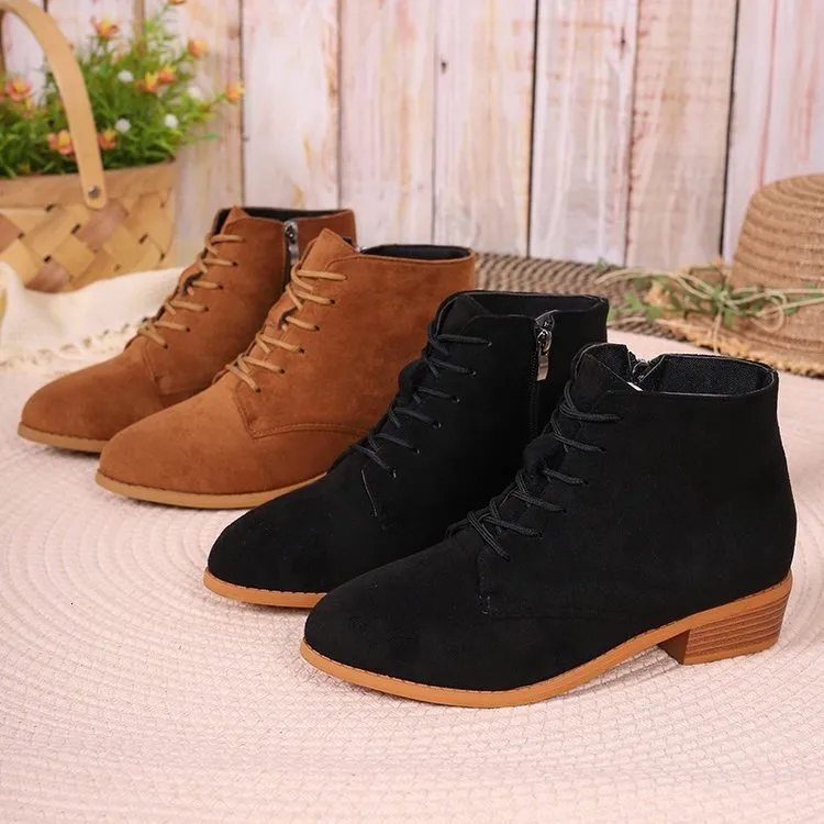 Women's Suede Short Boots With Zipper And Cross Tie Design_voghion.com