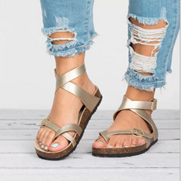 Damenschuhe Sommer Große Sandalen Korkboden Römische Zehenpartie Gürtelschnalle Wickelsandalen Für Damen_voghion.com