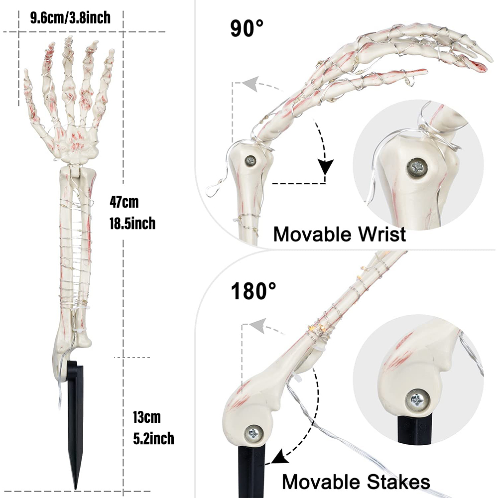 1 par de caveira solar LED com braço à prova d'água para áreas externas, caveira brilhante de Halloween com 8 funções, jardim, quintal, gramado, decoração interna e externa de Halloween_voghion.com
