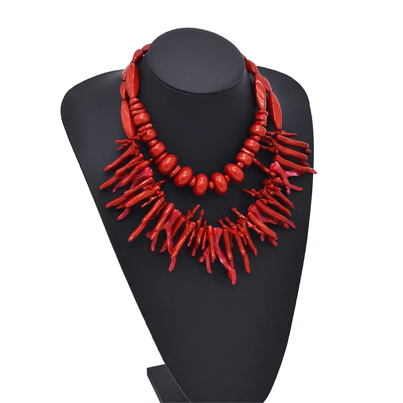Łańcuchy 2 szt. Vintage przesadny czerwony koralowy naszyjnik dla kobiet dziewcząt moda boho styl oświadczenie retro naszyjniki fine_voghion.com