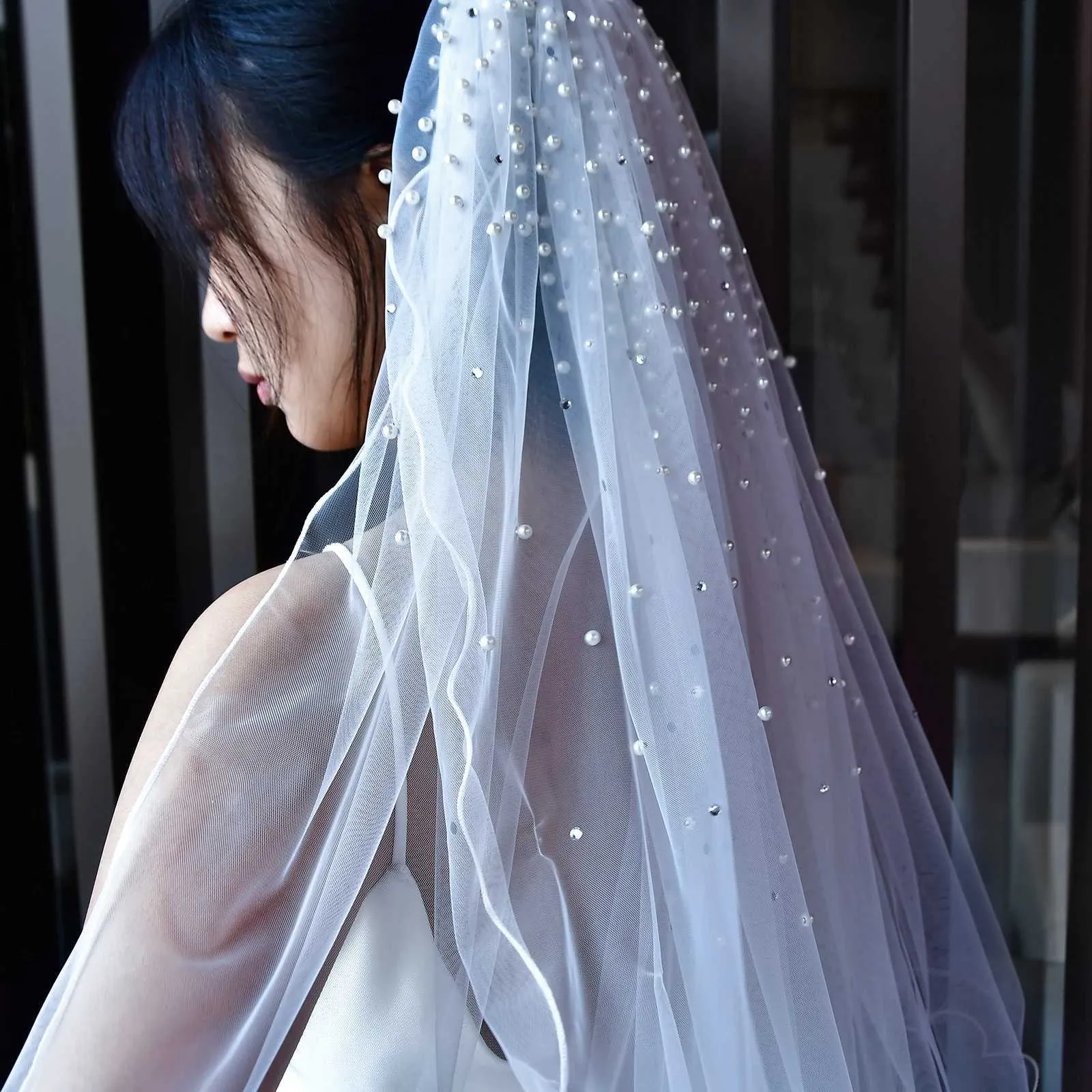 Hair Jewelry MZA32 2 Tier Veil With Blusher Pearls Bridal Veils Elbow Length Wave Pencil Edge Soft Wedding Accessories_voghion.com