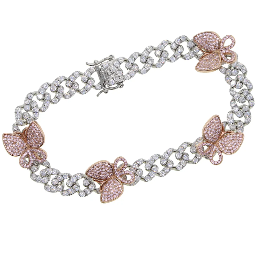 gül gümüş rengi cz küba bacak zinciri moda kadın bling buzlu bağlantı pembe kelebek bilezik takı_voghion.com