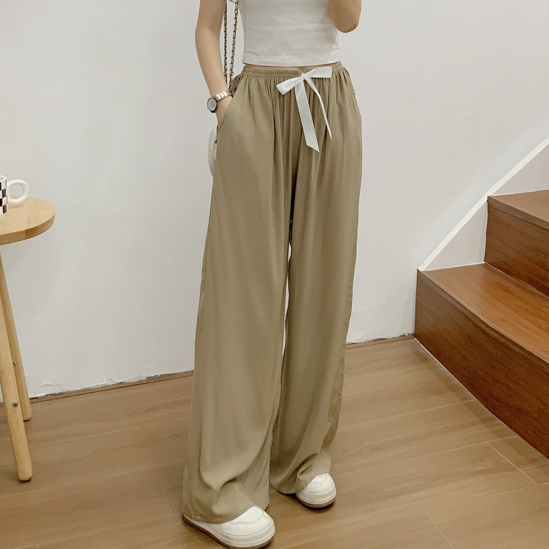 Pijamas de mujer Pantalones de pijama de seda de algodón para mujer Pantalones anchos de cintura alta de color liso con diseño de caramelo Pantalones finos_voghion.com
