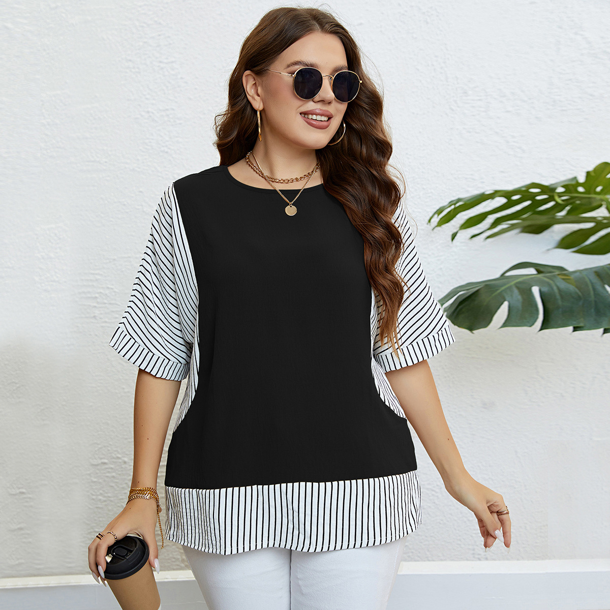 Damen Top mat ronnem Ausschnëtt, zweedeeleg, grousser Gréisst_voghion.com