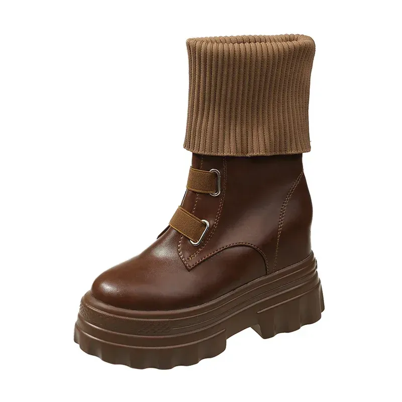 Platform Women Gothic Elastic Band Wedges Boots Frosted Leather Thick Sole Punk Internal Increated Short Botas Mujer_voghion.com