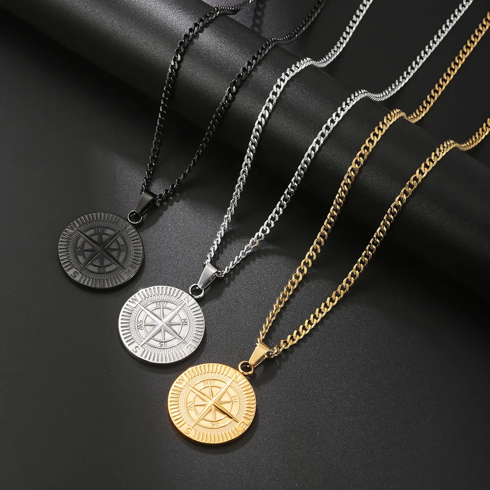Colliers Hio Hop pour hommes en acier inoxydable avec pendentif boussole de voyage et voile, chaîne cubaine Figaro, collier décontracté_voghion.com