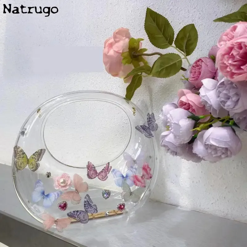 Borsa a tracolla in acrilico con decorazione a farfalla da donna, trasparente, per matrimonio, sera, festa, borsa rotonda 2024, borsa a mano 240907_voghion.com