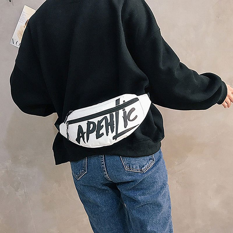 Riñonera con cremallera para mujer, estilo deportivo al aire libre, con letras de calle, color negro_voghion.com