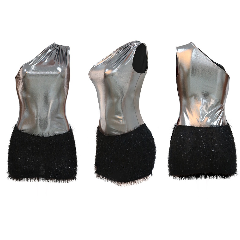 Women's Clothing New Product Fashion Sexy Slim Fit Hip Covering Bright Leather Knitted Wool One Shoulder Short Skirt_voghion.com