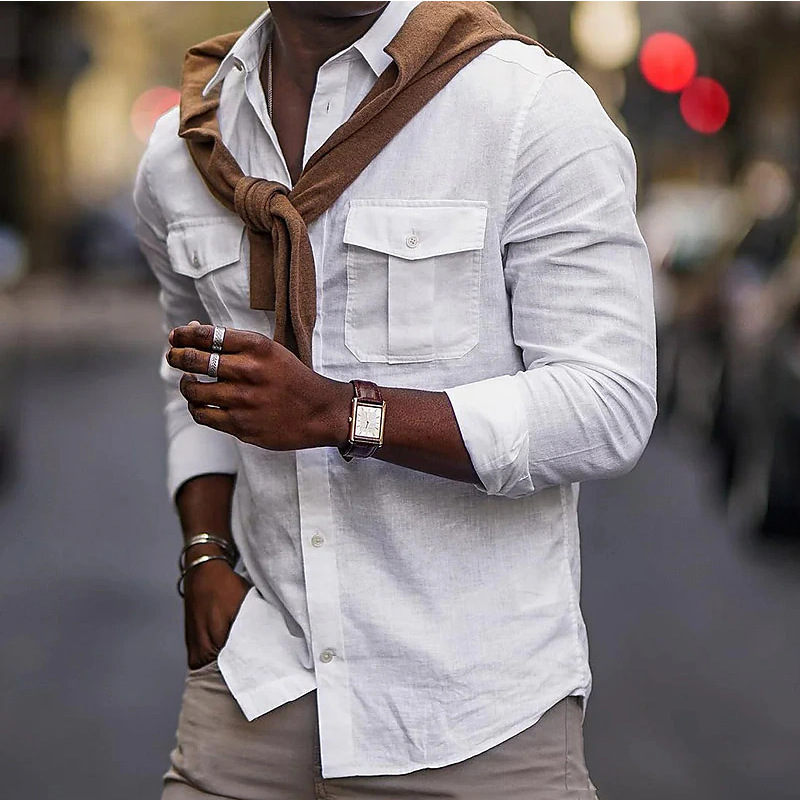 Abbigliamento Uomo Nuova Camicia da uomo in cotone tinta unita con risvolto e tasca_voghion.com