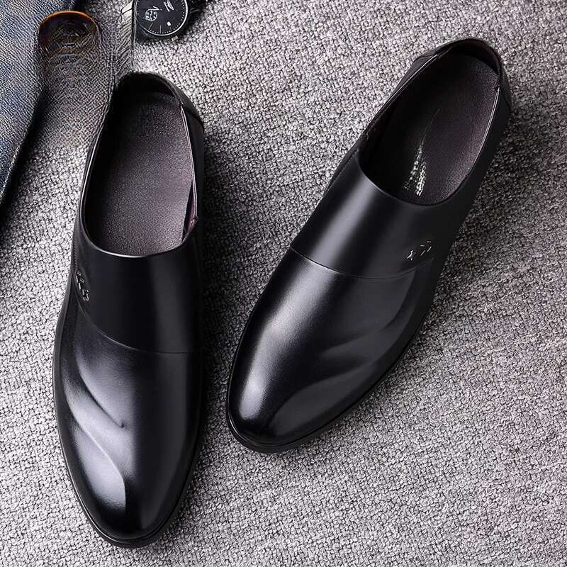 Spring And Autumn Leather Formal Men's Business Casual Slip-on Cowhide Hundred Wedding Shoes_voghion.com