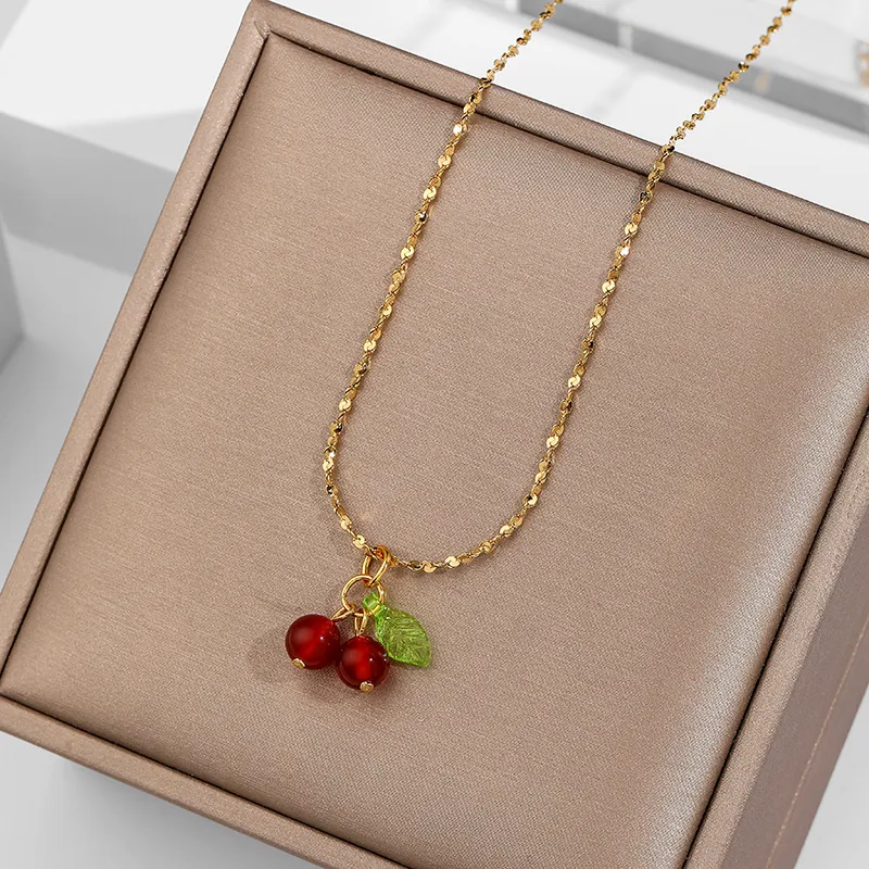 Pendant Necklaces Shoemaking Lovely Cherry Fruit Necklace Stainless Steel Fashion Student Jewelry For Girls Ladies Gift_voghion.com