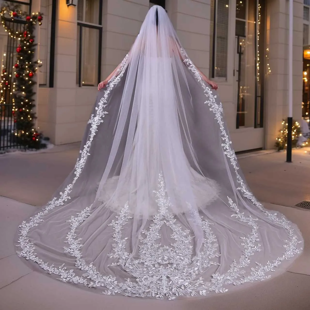 Hair Jewelry V222 Long Full Edge Lace 1 Tier Bridal Veil With Comb 3M Cathedral Length Mantilla Wedding Accessories For_voghion.com