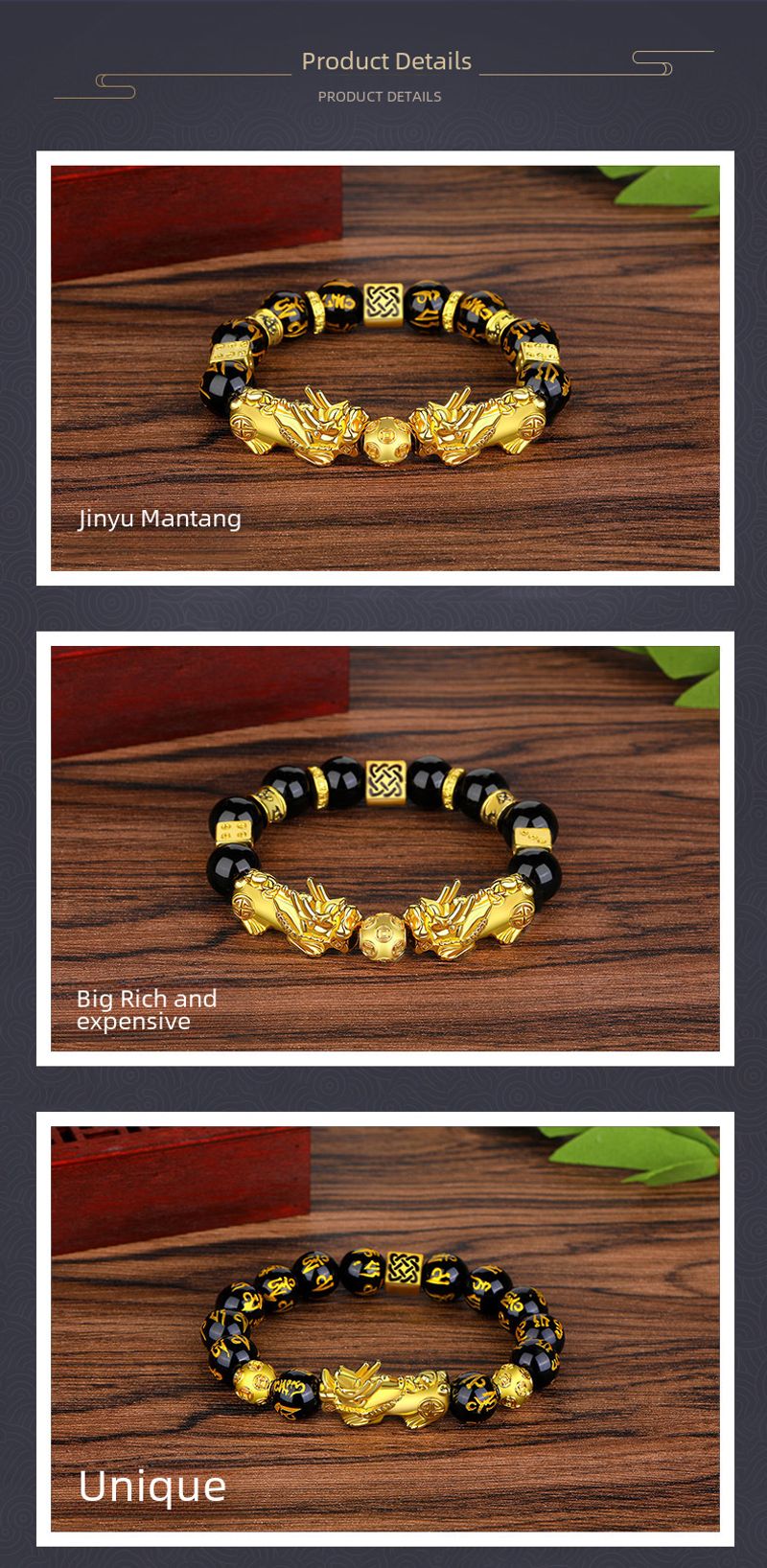 Bracciale unisex con perline di mantra a sei caratteri in ossidiana color oro e moda_voghion.com