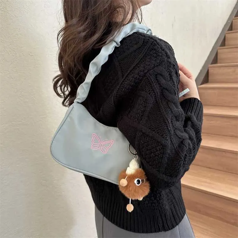 Cute Embroidered Bowknot Shoulder Bag Women Nylon Pleated Handbag_voghion.com