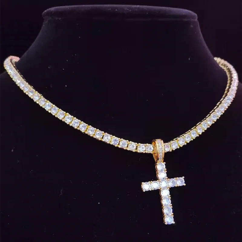 Colares com pingentes Homens Mulheres Hip Hop Cruz Colar com 4mm Zircon Tennis Chain Iced Out Bling HipHop Jóias Moda_voghion.com