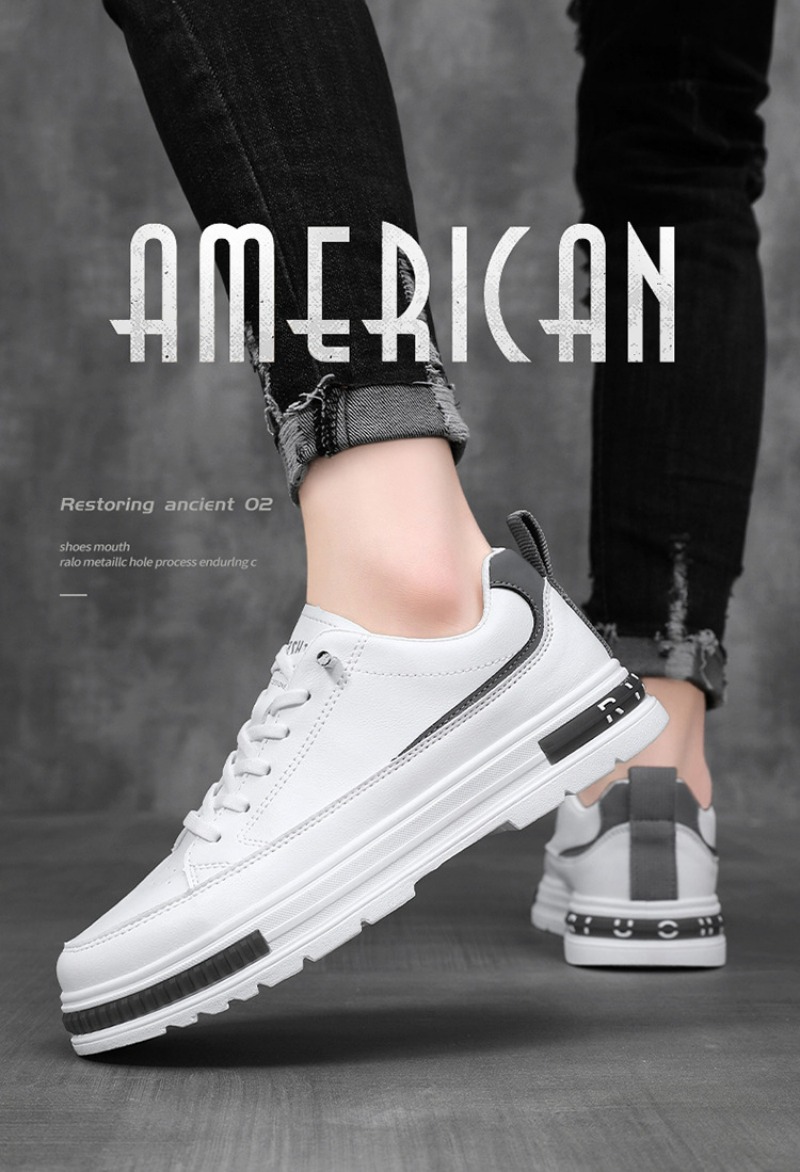 White Leather Men's Casual Trainers Comfortable Walking Shoes_voghion.com