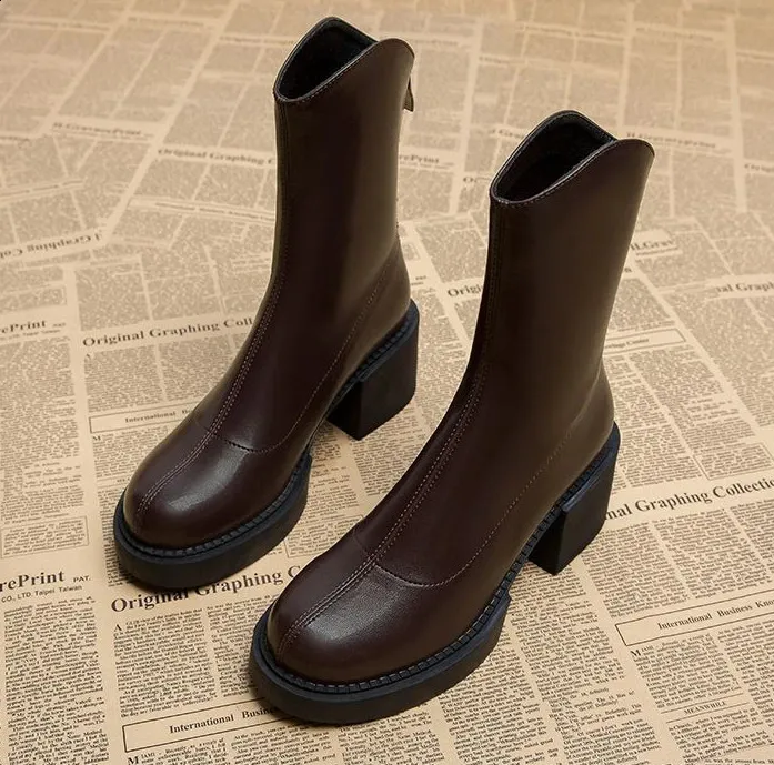 High ankle work very high heels brown short and chubby platform womens waterproof boots black Pu 240911_voghion.com