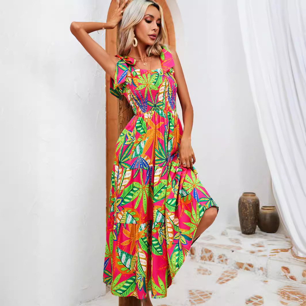 Damenkleid „2024 Summer“ mit Blattmuster und Wickeldesign und Bindeband_voghion.com