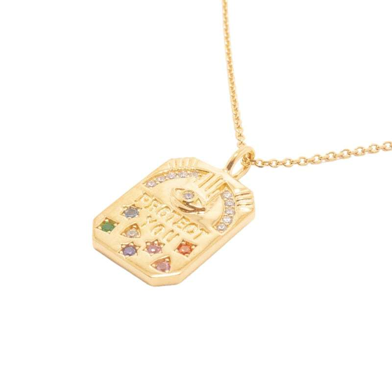 Genuine gold electroplated ins style colored zircon inlaid with protect you amulet pendant necklace_voghion.com