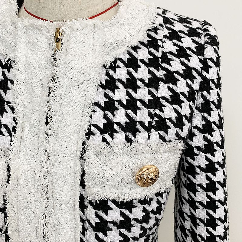 Women's Clothing autumn and winter star round neck zipper houndstooth fringed tweed jacket short coat_voghion.com