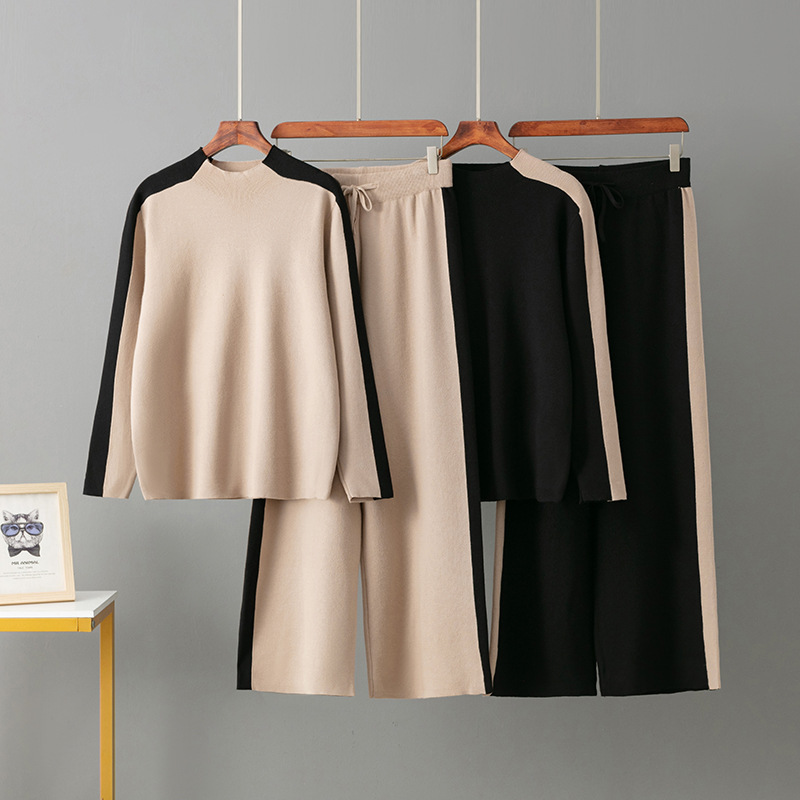 Women's Semi-turtleneck Knit Sweater & Wide-leg Pants Set - Stylish Two-piece Outfit For Autumn & Spring - & (One Size)​