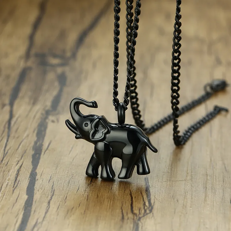 Collane con ciondolo Collana con urna per cremazione a forma di elefante nero in acciaio inossidabile Gioielli ricordo per animali Portafortuna_voghion.com