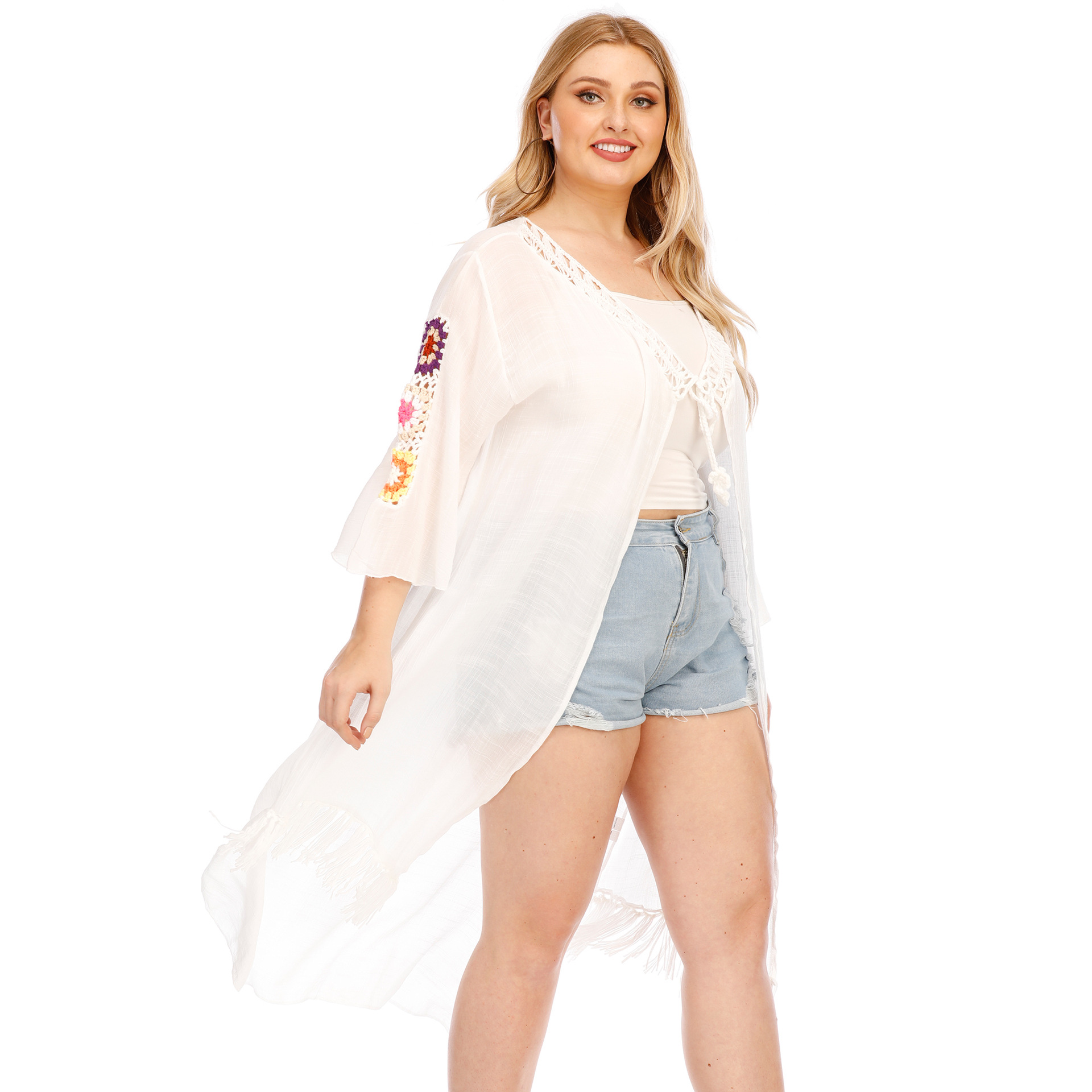 abbigliamento da donna di grandi dimensioni lavorato a mano all'uncinetto con giunture di fiori, nappa irregolare, spallina, protezione solare, cardigan_voghion.com