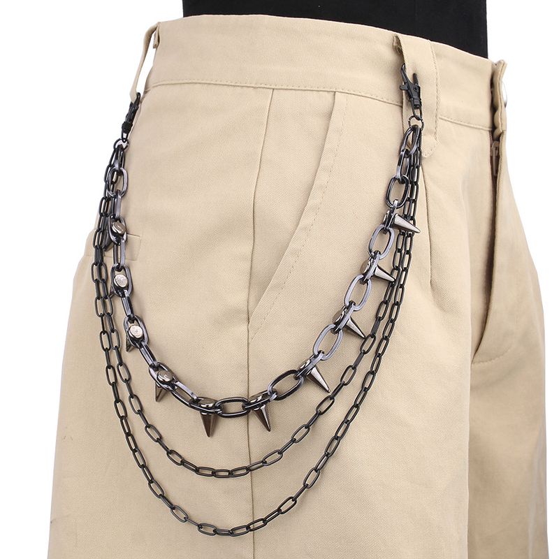 Pantalon à rivets en métal noir style hip-hop punk, chaîne de taille multicouche, accessoires pour jeans_voghion.com